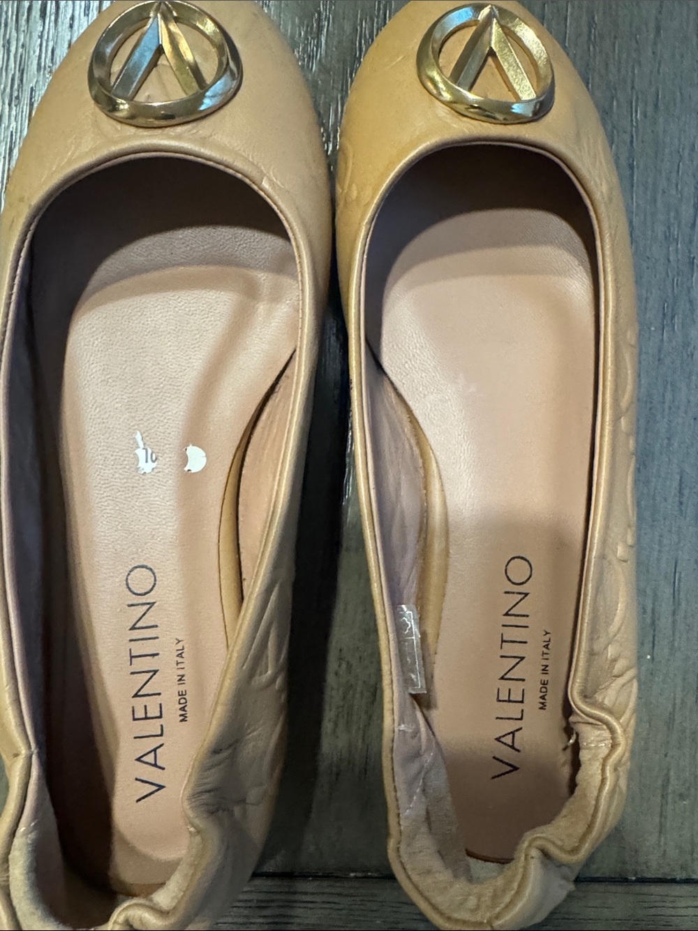 Valentino Tan Leather Ballet Flats with Gold Logo Accent